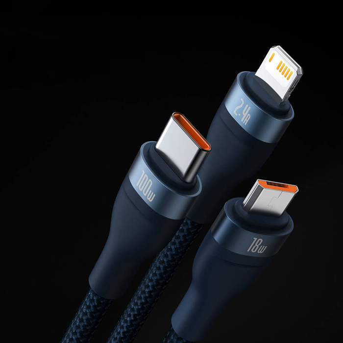 Baseus Flash Series Ⅱ One-for-three Fast Charging Data Cable USB to M+L+C 100W 1.2m Blue