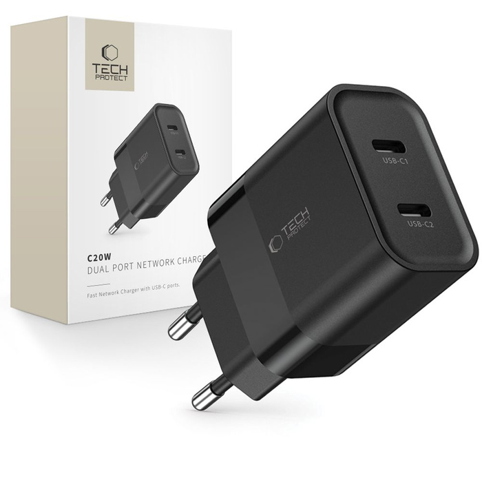 TECH-PROTECT C20W 2-PORTOVÁ SÍŤOVÁ NABÍJEČKA PD20W ČERNÁ