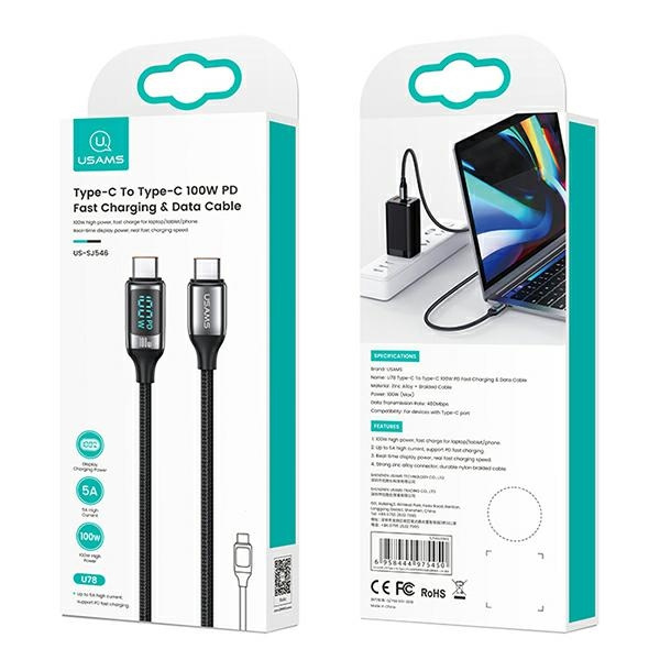 USAMS Kabel geflochtene U78 USB-C zu USB-C LED 2m 100W Schnellladung schwarz/schwarz SJ558USB01 (US-SJ558)