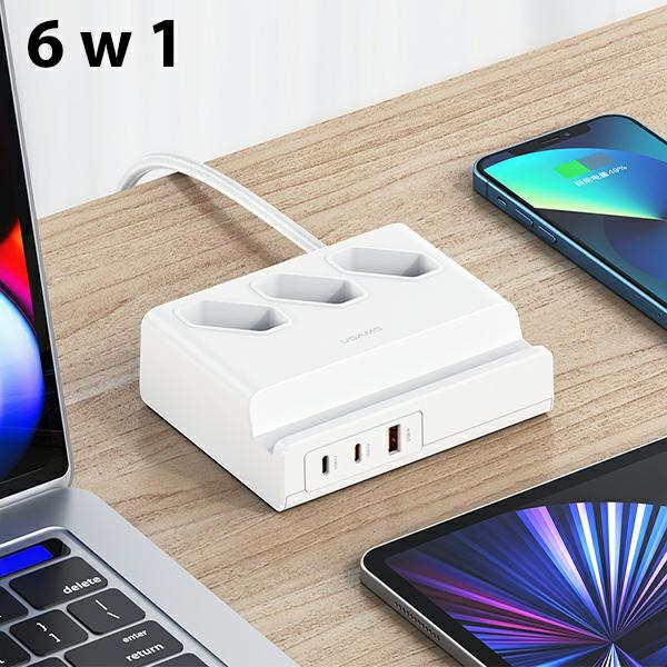 USAMS Napájecí lišta 65W Super Si Rychlé nabíjení USB Prodlužovací zásuvka EU bílá/bílá CC160TC01 (US-CC160)