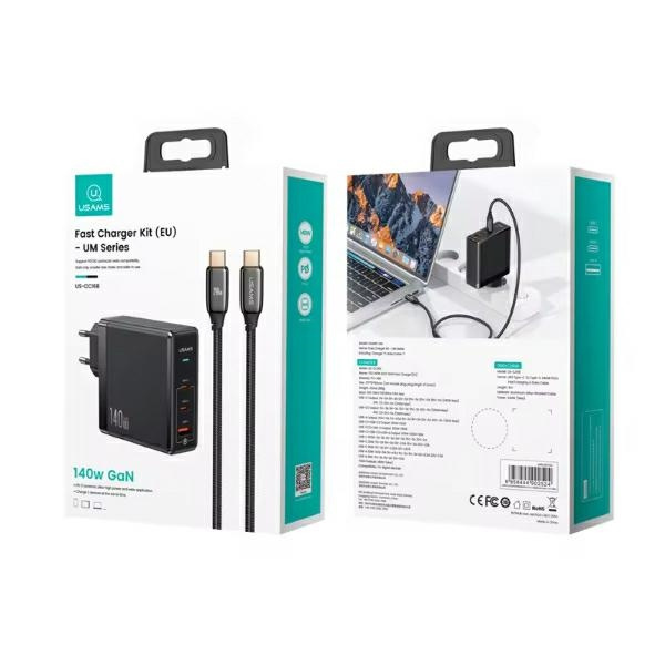 USAMS Ład. siec. 2xUSB-C+1xUSB T52 PD140W PD Fast Charging US-CC168 + kabel U82 USB-C/USB-C US-SJ581 240W czarny/black UM Series UMXLOGTC01