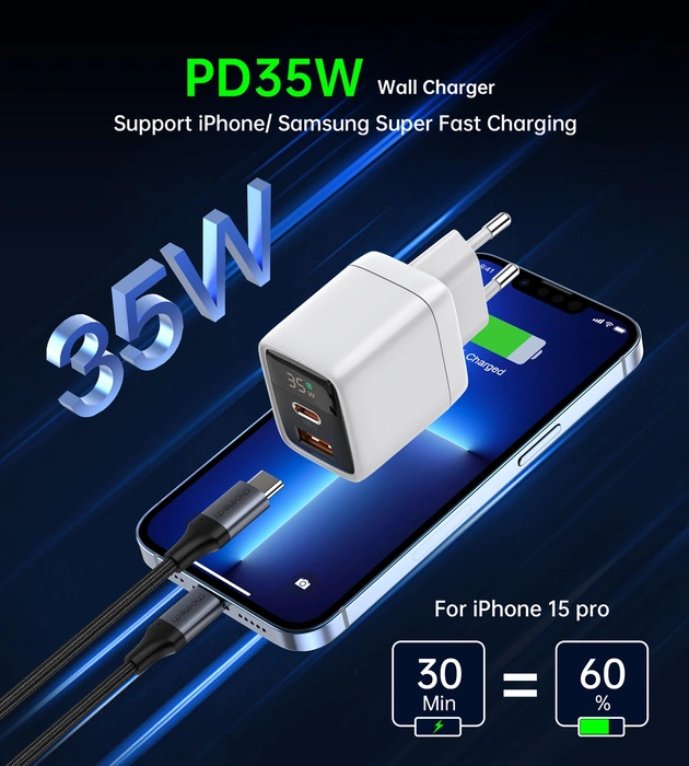 Choetech PD6052 USB-C USB-A PD 35W GaN nástěnná nabíječka s displejem - bílá