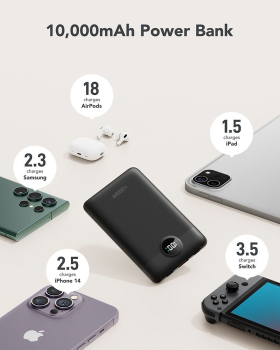 Powerbank Veger C11 (W1170) PD QC3.0 2A 22,5W 10 000 mAh z wbudowanymi kablami USB C / Lightning czarny