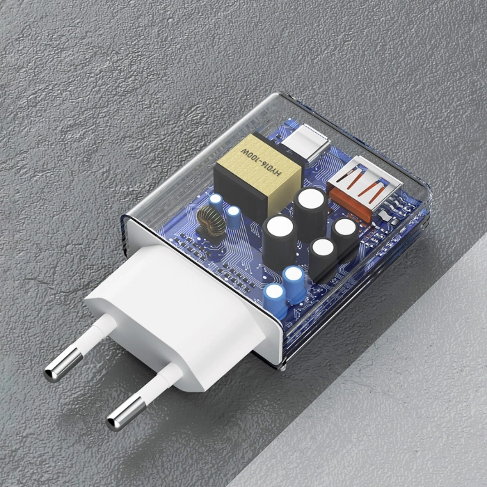 Dudao A30EUL GaN-Wandladegerät 30 W USB-A / USB-C + USB-C – Lightning Kabel – Weiß