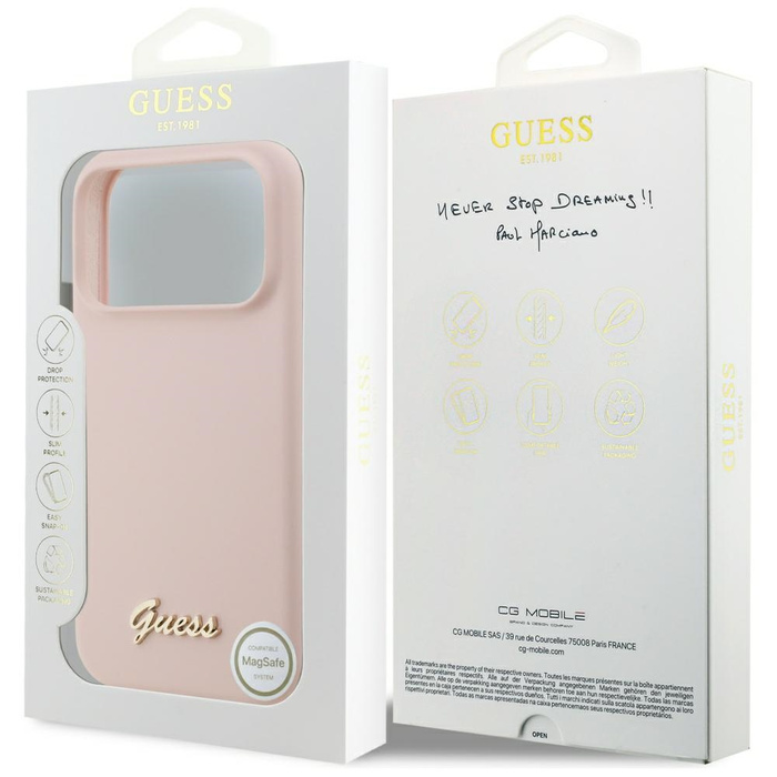 Etui Guess Silicone Script Metal Logo    MagSafe do iPhone 17 Pro Max różowy