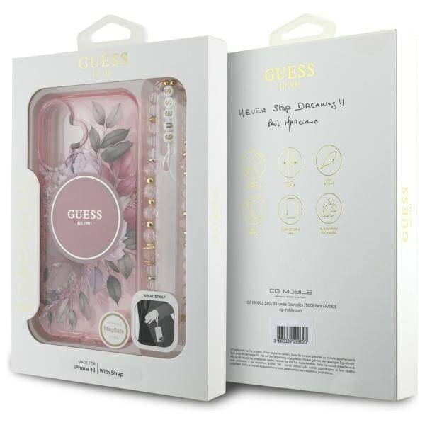 Etui Guess iPhone 16 6.1" różowy/pink hardcase IML Flowers With Pearl Strap MagSafe