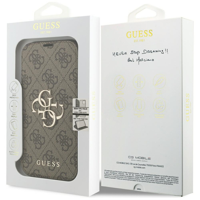 Etui Guess Book 4G Metal Logo do iPhone  17 Pro brązowy