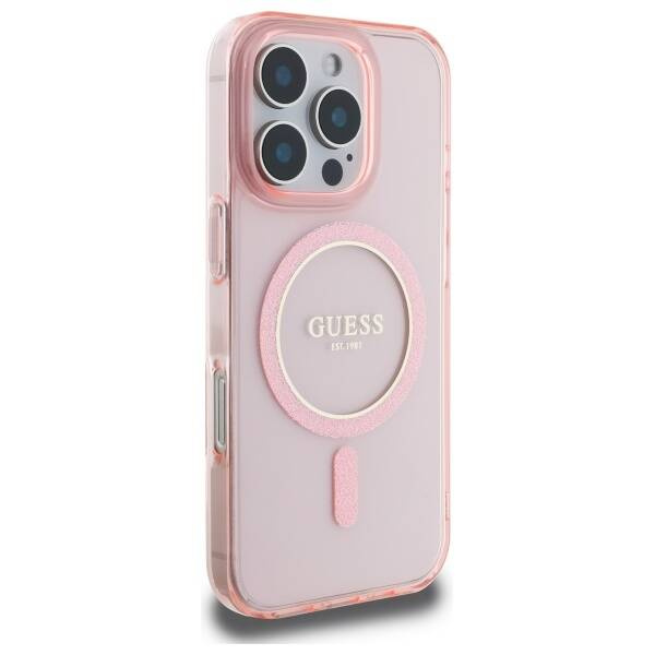 Etui Guess iPhone 16 Pro Max różowy/pink hardcase IML Glitter Circle MagSafe