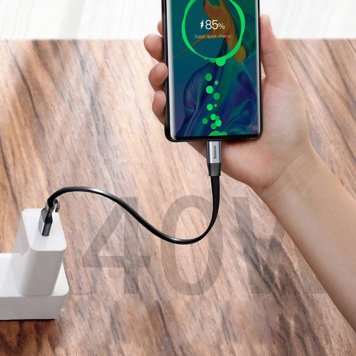 Câble plat Baseus Simple USB / USB Type C SuperCharge 5A 40W Quick Charge 3.0 QC 3.0 23cm gris (CATMBJ-BG1)