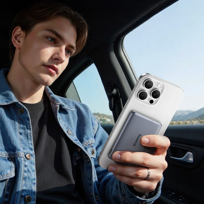 Powerbank Baseus PicoGo AM31 Qi2 5000mAh 20W ultracienki kompatybilny z MagSafe z podstawką z kablem plecionym Baseus Simple USB-C 20cm - szary