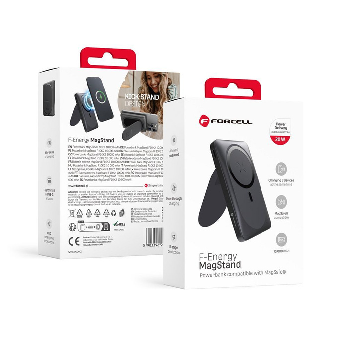 Powerbank zgodny z MagSafe Forcell F-Energy MagStand F10K2 QC3.0 PD 5A 20W 10000 mAh czarny