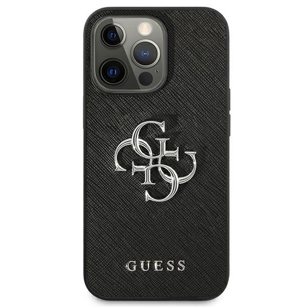 Hülle GUESS Tasche Apple iPhone 13 Pro Saffiano 4G Metall Logo Schwarz Hardcase