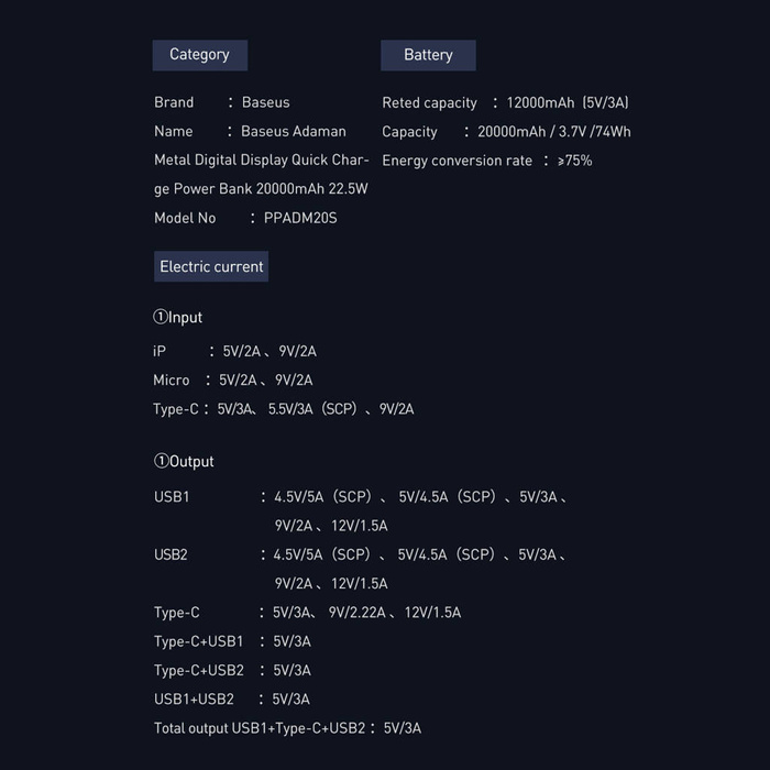 Baseus Adaman power bank with fast charging 20000mAh 22.5W + USB C 3A cable 0.3m black