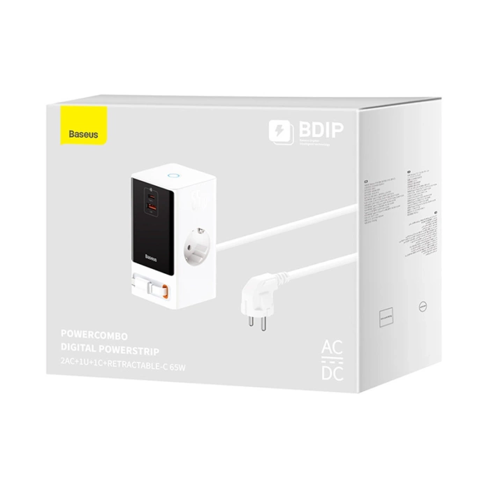 Baseus PowerCombo Charging Station 65W 1.5m 2 x EU + USB-A + USB-C + Retractable USB-C Cable - White
