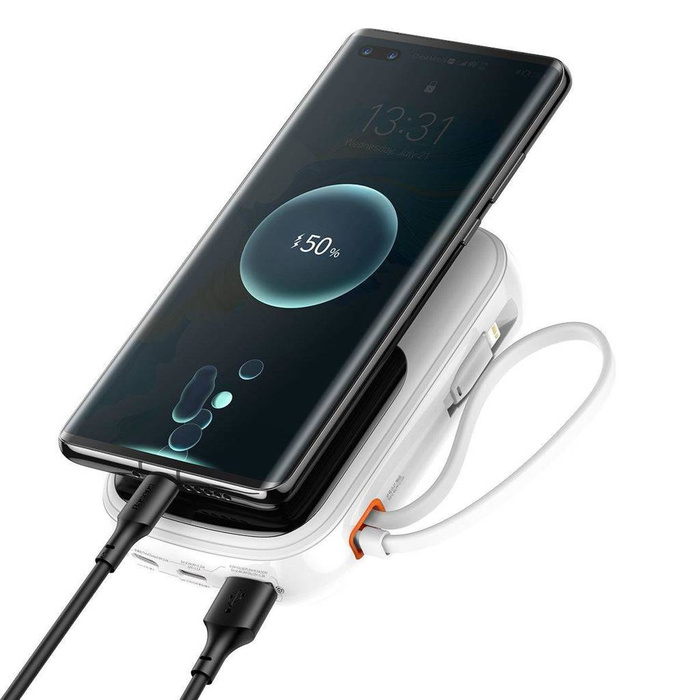 Banque d&#39;alimentation à affichage numérique Baseus Qpow avec charge rapide 10000mAh 20W QC/PD/SCP/FCP avec câble Lightning intégré blanc