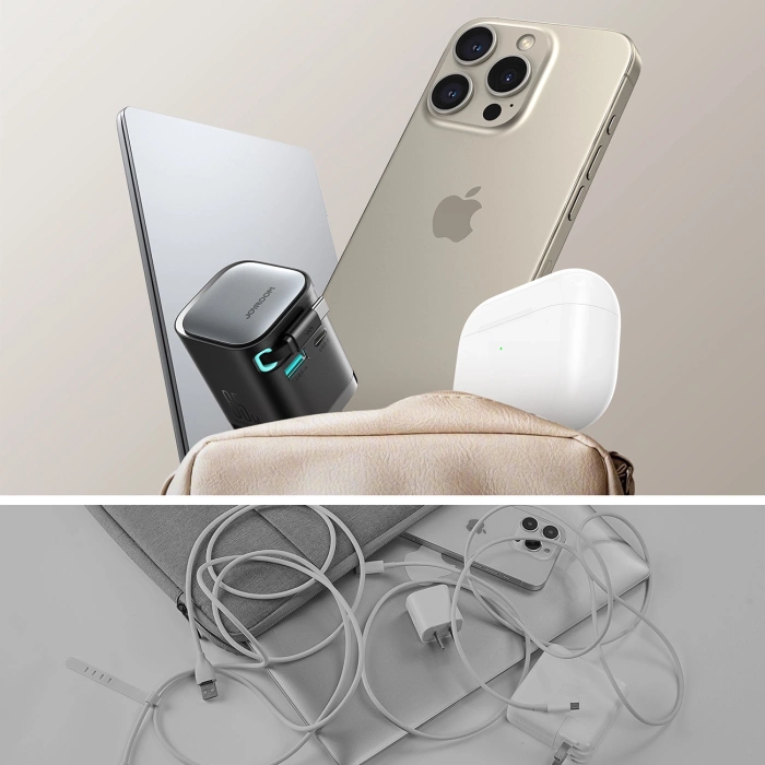 Joyroom JR-TCL02 65W USB-A USB-C GaN-Ladegerät mit integriertem USB-C-Kabel – Schwarz