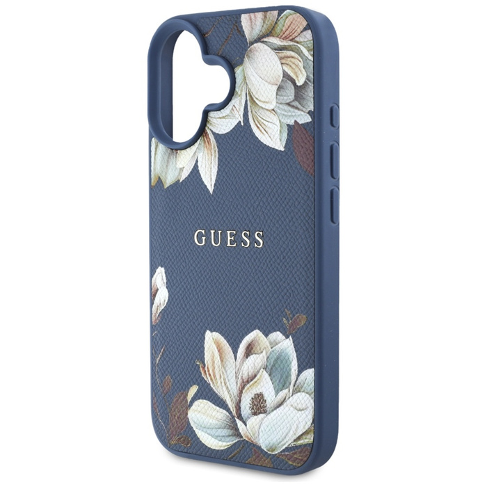 Etui Guess Grained Printed Flower         Pattern MagSafe do iPhone 16 niebieski