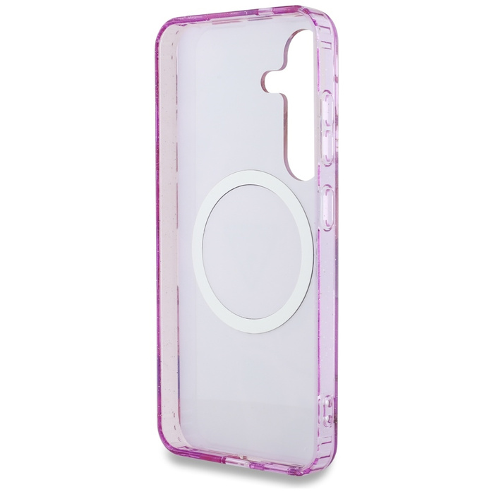 Etui Guess Glitter Flowers Triangle       Buttons MagSafe do Samsung Galaxy S25 fioletowy