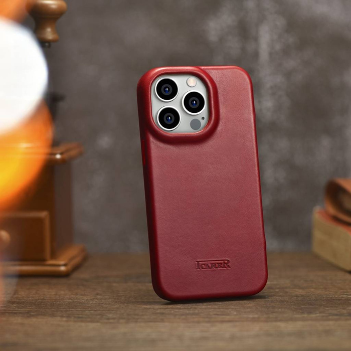 iCarer CE Oil Wax Premium Leather Folio Case Custodia in pelle per iPhone 14 Pro Flip magnetico MagSafe rosso (AKI14220706-RD)