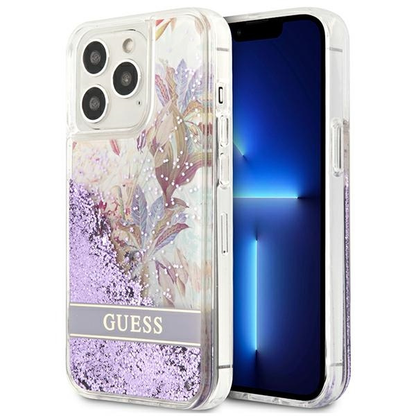 Hülle GUESS Apple iPhone 13 13 Pro Flower Liquid Glitter Lila Hartcase