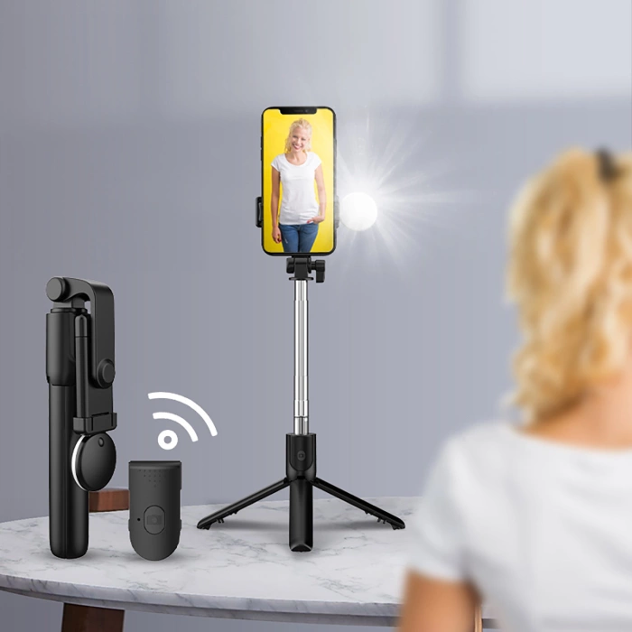 Selfie-Stick WR1YXS Teleskopstativ 0,71 m mit runder Lampe – Schwarz