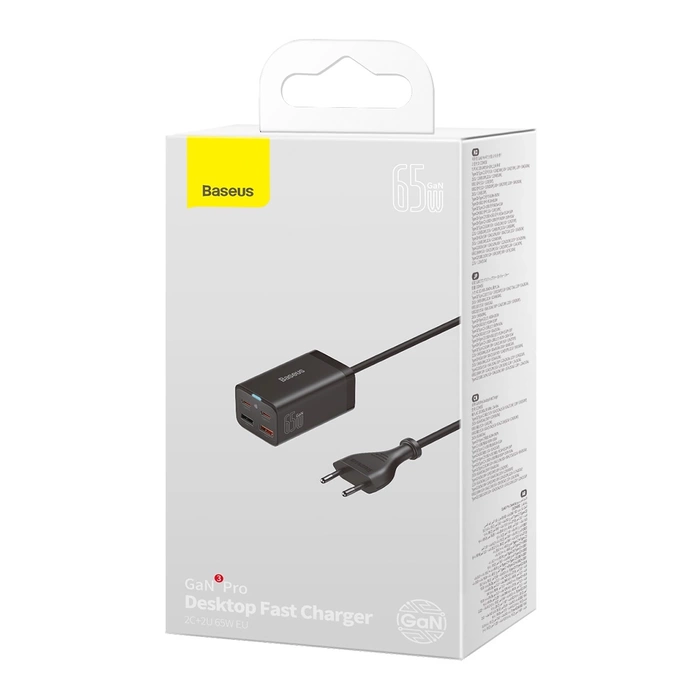Baseus GaN3 Pro rychlá nabíječka GaN 2 x USB Type C / 2 x USB 65W PD, QC4.0 +, AFC + USB Type C - USB Type C kabel 1m černý (CCGP040101)