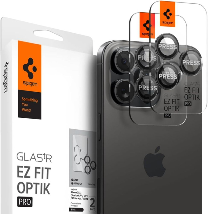 PROTECTOR DE CÁMARA Spigen OPTIK.TR "EZ FIT" PROTECTOR DE CÁMARA 2-PACK IPHONE 14 PRO / MAX / 15 PRO / MAX / 16 PRO / MAX / 17 PRO / MAX BLACK NEGRO