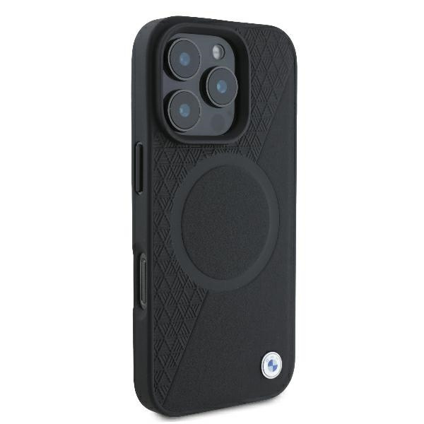 Coque BMW iPhone 16 Pro 6.3" noir/noircase Panneau de signalisation en cuir demi texturé et circulaire MagSafe