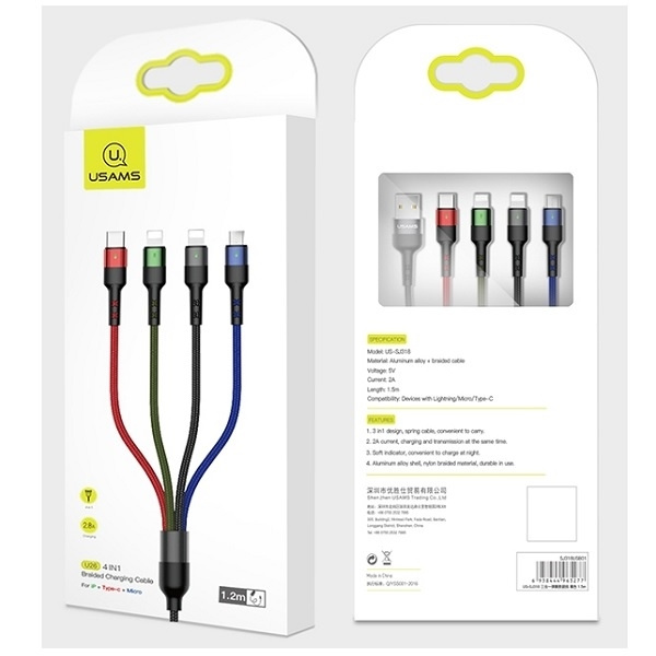 USAMS Flechtkabel 4in1 2xLightning MicroUSB USB-C 2A Schnellladung 0.35m Schwarz