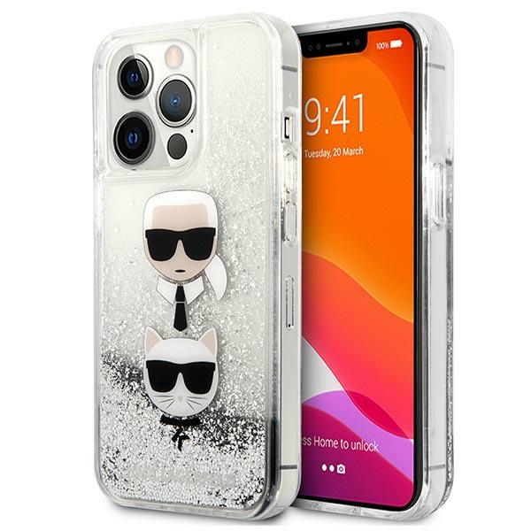 Hülle KARL LAGERFELD Apple iPhone 13 Pro Max Liquid Glitter Karl&amp;Choupette Head Silber Hardcase