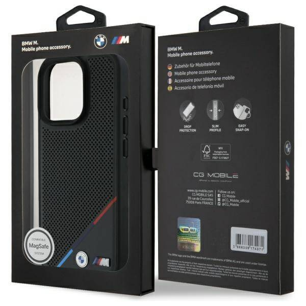 Cover BMW iPhone 16 Pro Max 6,9" nero/nero durocase M Linea Tricolore Forata MagSafe