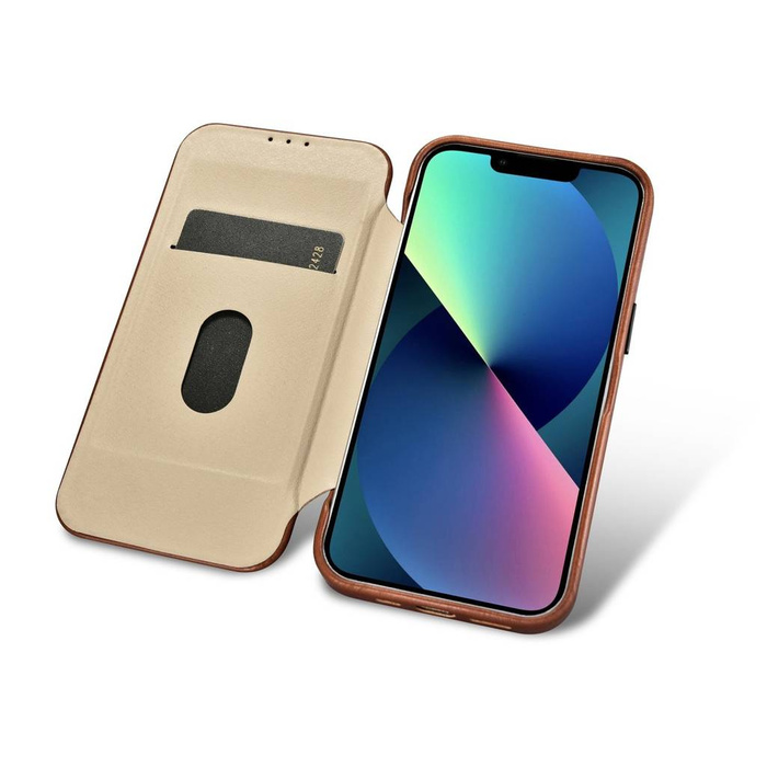 iCarer CE Oil Wax Premium Leather Folio Case Custodia in pelle per iPhone 14 Flip magnetico MagSafe marrone (AKI14220705-BN)