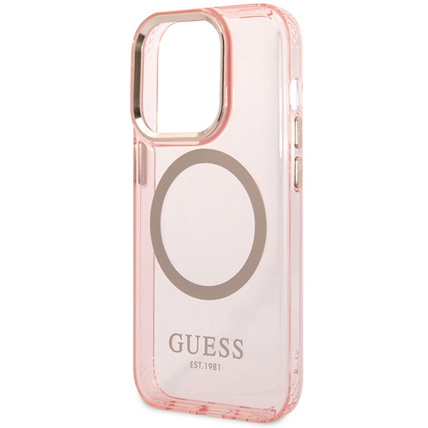 Cover GUESS Apple iPhone 14 Pro Max Gold Outline Translucent MagSafe Pink Hardcase