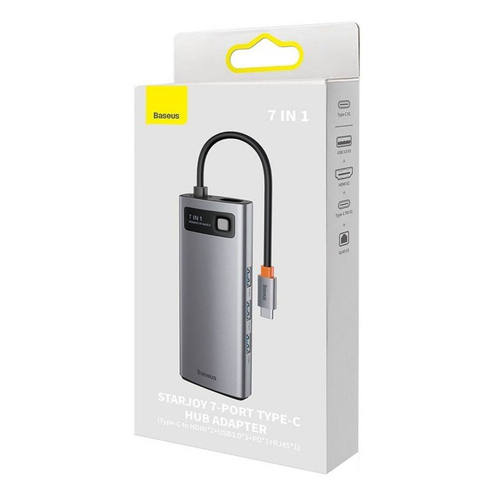 Baseus Metal Gleam Series HUB 7 en 1 Estación de acoplamiento USB tipo C - 2 x HDMI / 3 x USB 3.2 Gen. 1/1 x Power Delivery / 1 x RJ-45 Ethernet Gray (WKWG040113)