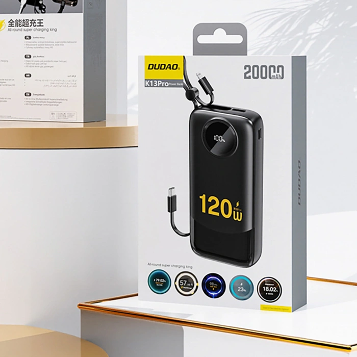 Powerbank Dudao K13 10000mAh z wbudowanym kablem - czarny