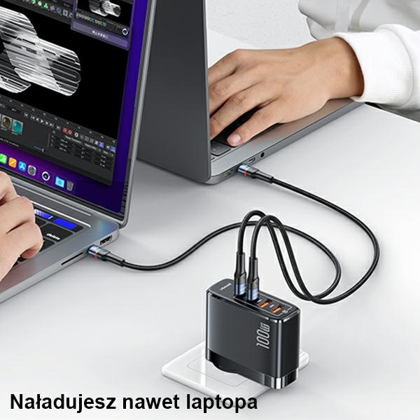 Síťová nabíječka USAMS. 2xUSB-C+2xUSB T44 100W (pouze hlava) PD3.0 +QC3.0 Rychlé nabíjení černá/černá CC145TC01 (US-CC145)