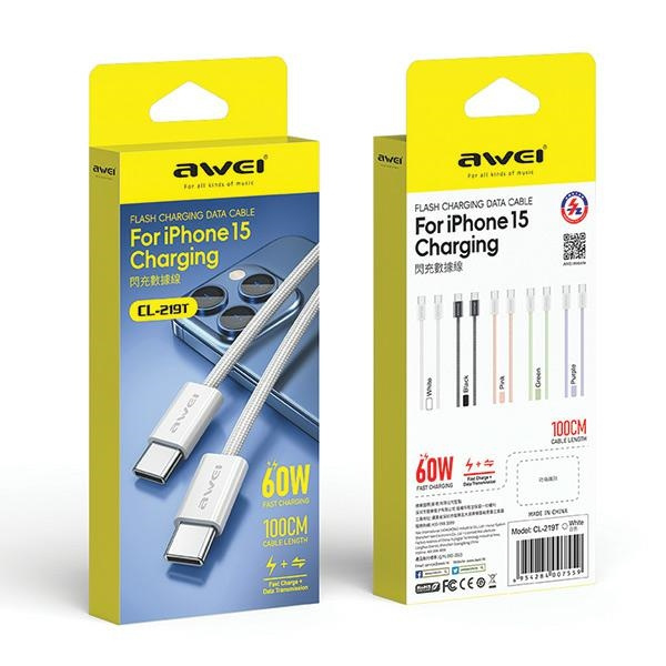 AWEI kabel CL-219T USB-C na USB-C 60W biały/white iPhone 15