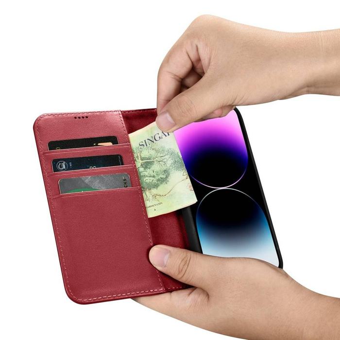 Kožený flipový kryt iCarer Wallet Case 2v1 iPhone 14 Pro Max Anti-RFID červený (WMI14220728-RD)