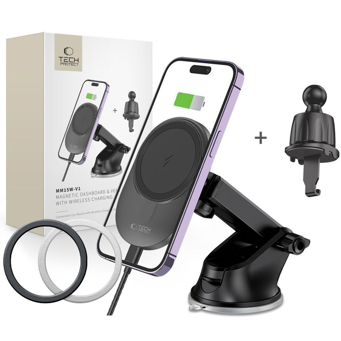 TECH-PROTECT MM15W-V1 MagNETIC MagSafe DASHBOARD &amp; VENT CAR MOUNT WIRELESS CHARGER 15W BLACK
