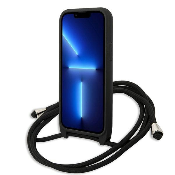 Hülle KARL LAGERFELD Apple iPhone 13 Mini Leder Monogramm Patch und Schnur Iconik Schwarz Hartcase