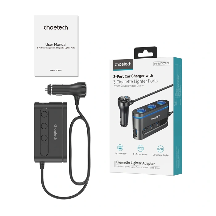 Ladergerät Choetech TC0021 Auto 2x USB-C PD 1x USB-A QC 3x Zigarettenanzünderbuchse - schwarz