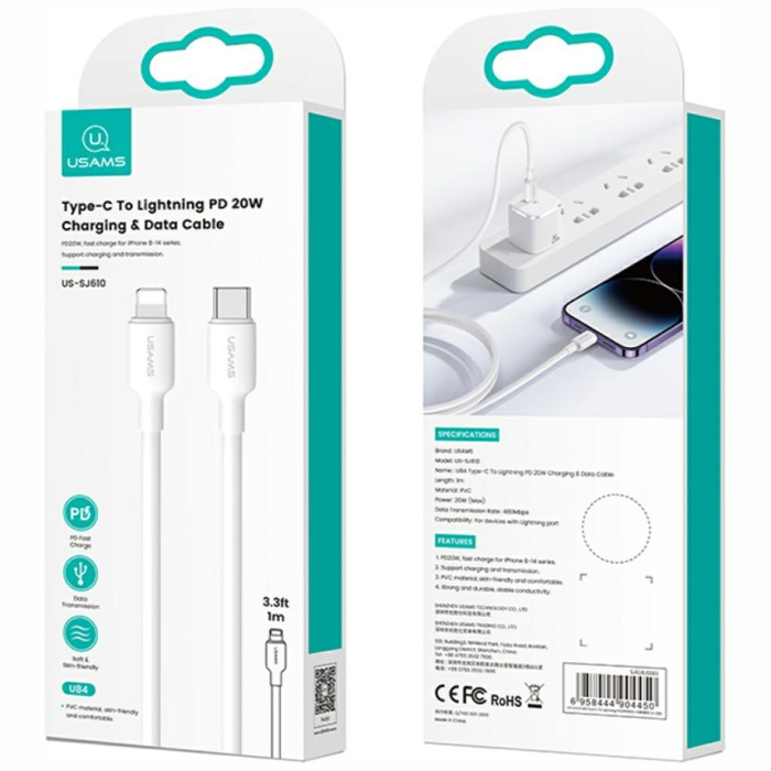 Kabel USAMS US-SJ610 U84 PD 20W USB-C do Lightning 1m biały