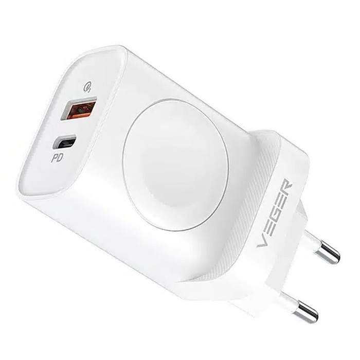 VEGER ładowarka sieciowa USB A + Typ C + ładowarka indukcujna kompatybilna z Apple Watch PD QC3.0 3A 25W W002E biała