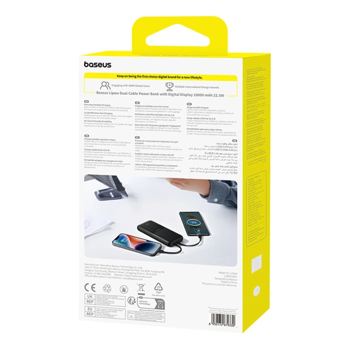 Powerbank Baseus Lipow 10000mAh 22.5W z podwójnym wbudowanym kablem z wyświetlaczem (z dodatkowym czarnym kablem Baseus Simple USB-A - USB-C 3A 0,2m) - czarny