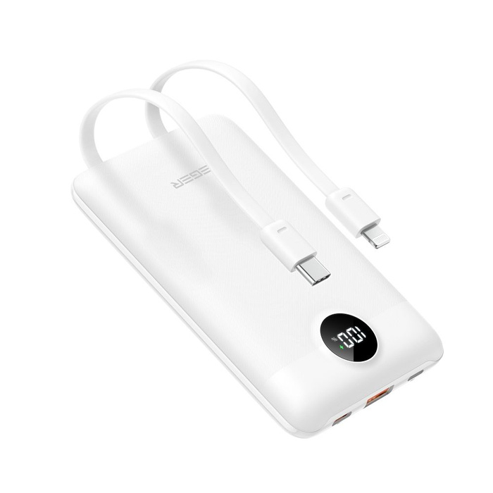 Powerbank Veger (W1170) PD QC3.0 2A 22,5W 10000 mAh z wbudowanymi kablami USB C / Lightning biały