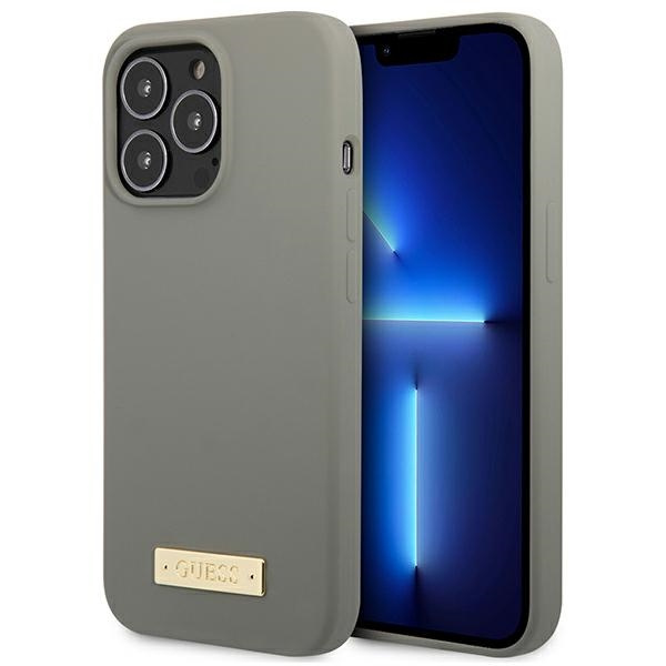 Hülle GUESS Apple iPhone 13 Pro Max Silikon Logo Platte MagSafe Grau Hartcase