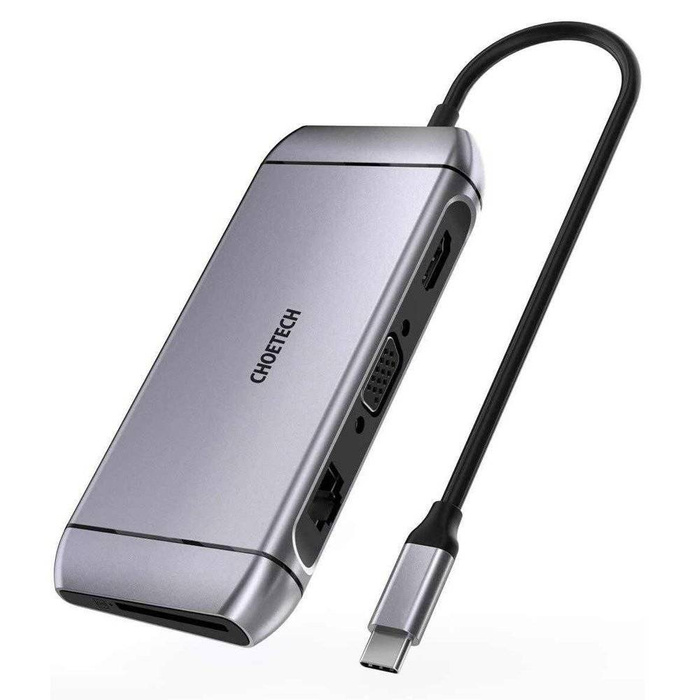 Choetech 9in1 Multifunctional USB Type C HUB - 3x USB 3.2 Gen 1 / lecteur de cartes SD et TF / HDMI 4K 30Hz / VGA Full HD 60Hz / USB Type C / RJ45 gris (HUB-M15 gris)