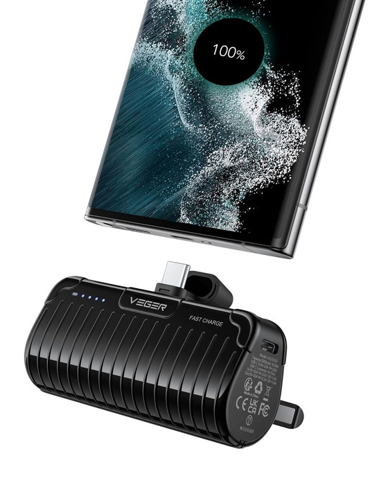 Powerbank Veger PlugOn (W0558) PD QC3.0 3A 20W 5000 mAh z wbudowanym złączem Typ C czarny