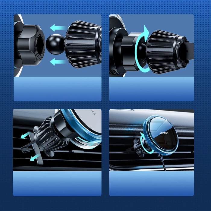 Joyroom uchwyt samochodowy do telefonu z ładowarką indukcyjną Qi 15W (kompatybilną z MagSafe) na kratkę nawiewu srebrny (JR-ZS291)