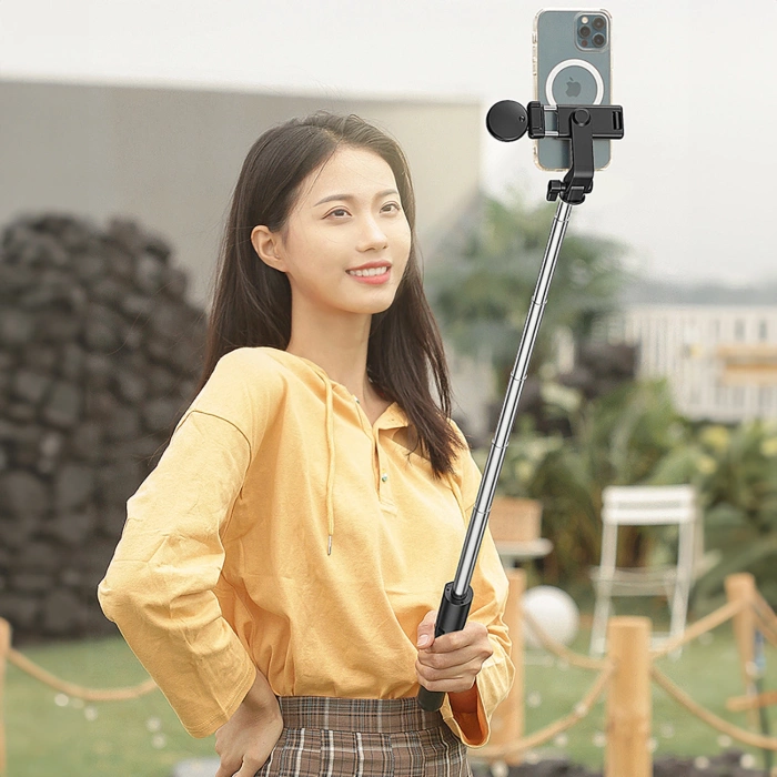 Selfie-Stick WH1YXS Teleskopstativ 1 m mit runder Lampe und Telefonhalter – Schwarz
